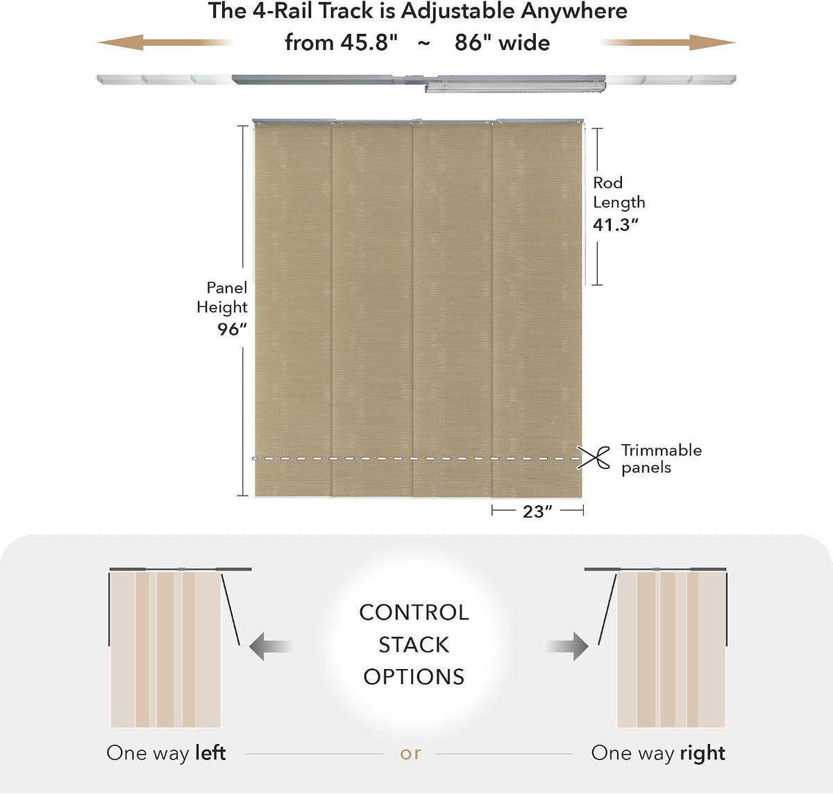 Panel Blinds Semi-Sheer 45.8"-86" x 96", Yucca | Semi-Sheer Panel Track Blinds for Room Dividers, Sliding Glass and Closet Doors with Adjustable Track, Trimmable to 96"