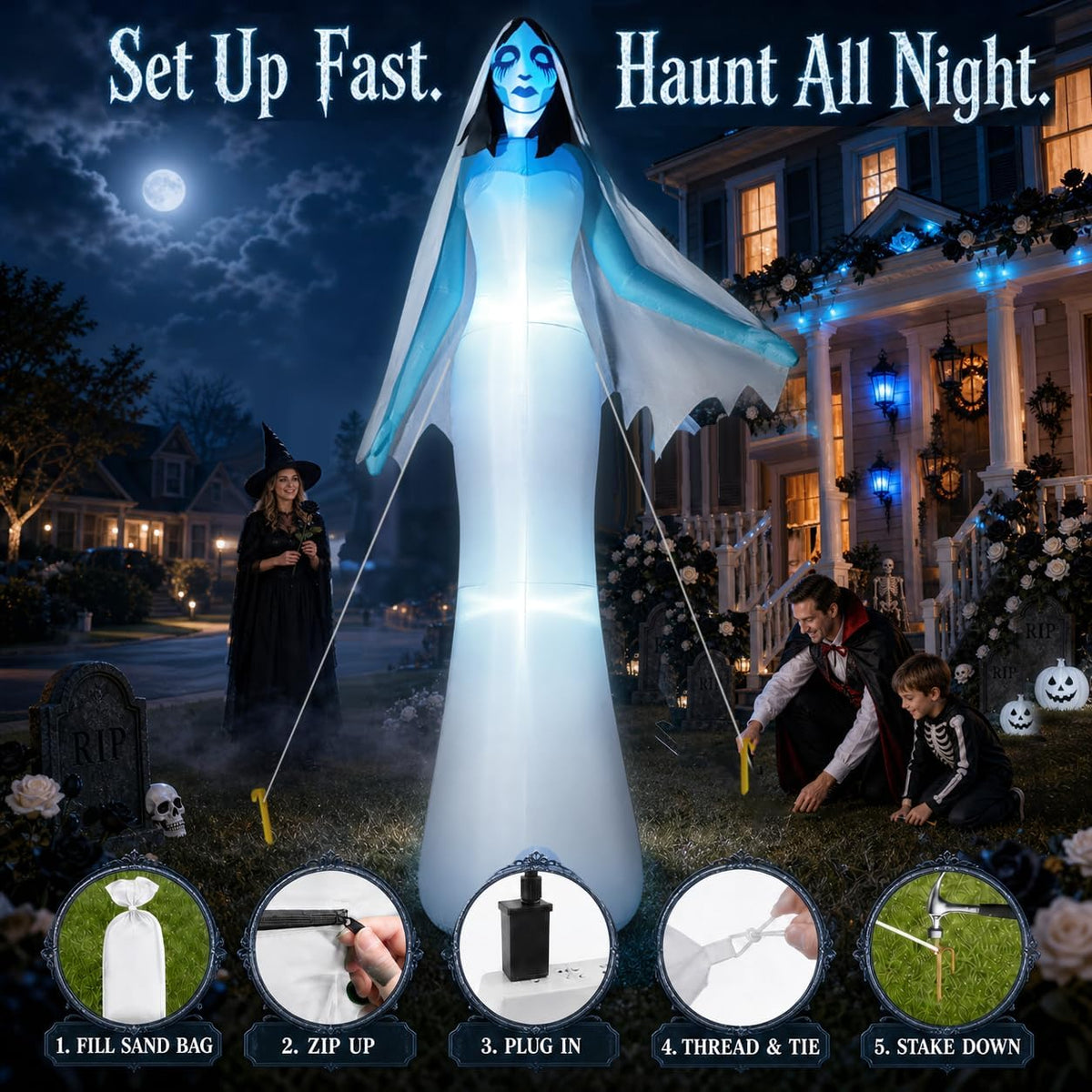 zukakii 12FT Giant Halloween Inflatables Ghost Bride with Built-in Whole-Body Blue LEDs, Spooky Halloween Decorations Outdoor Huge Blow Up Yard Decoration Creepy Blowups Large for Holiday & Party