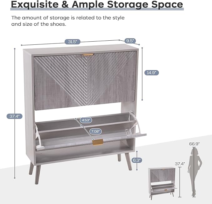 Shoe Cabinet with 2 Flip Drawers, Freestanding Shoe Cabinet Organizer with 4