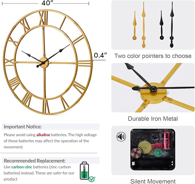 Ohweog Large Wall Clock for Living Room Decor – 40 Inch Silent Non-Ticking