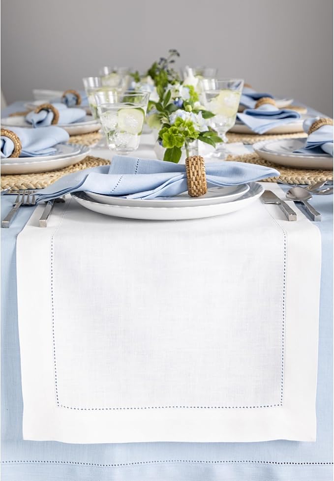 Solino Home Linen Table Runner 90 Inches Long - Classic Hemstitch 100% Pure Linen White Dining Table Runner 14 x 90 Inch for Fall, Autumn, Halloween, Thanksgiving, Holiday