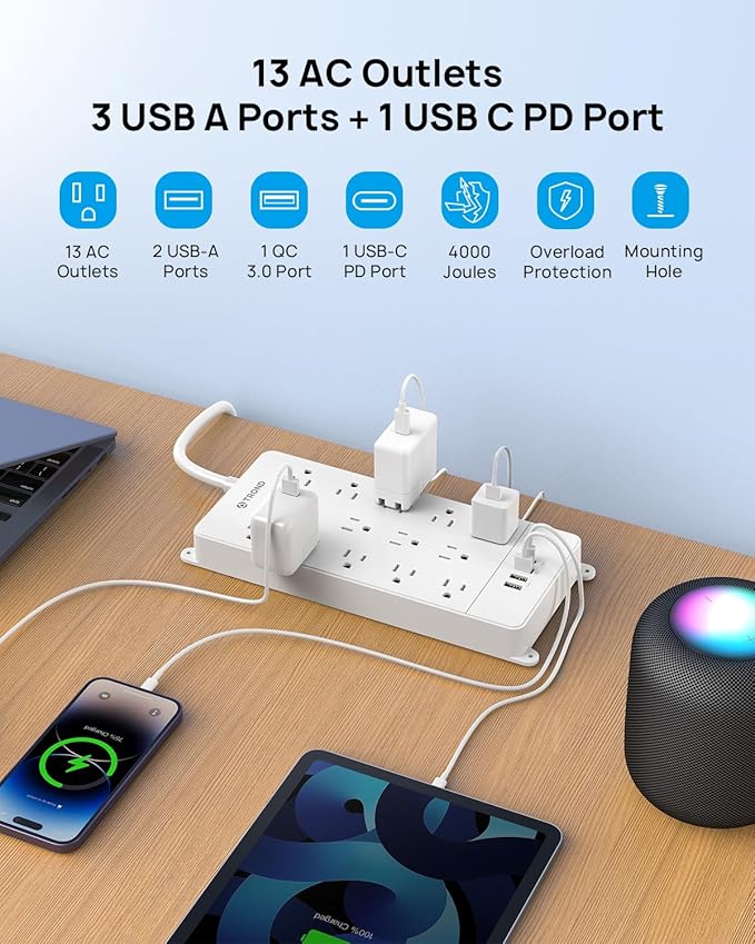 TROND Surge Protector Power Strip 10 ft, Flat Plug Long Extension Cord
