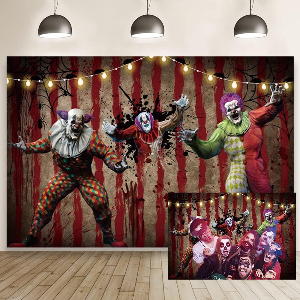 10x7ft Halloween Clown Backdrop Horror Scary Circus Carnival Bloody Handprint...
