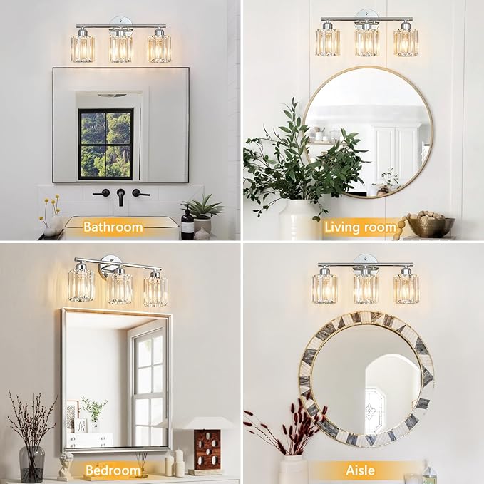 FDPBY Modern 3 Light Crystal Vanity Light, Chrome Vertical Bathroom Light
