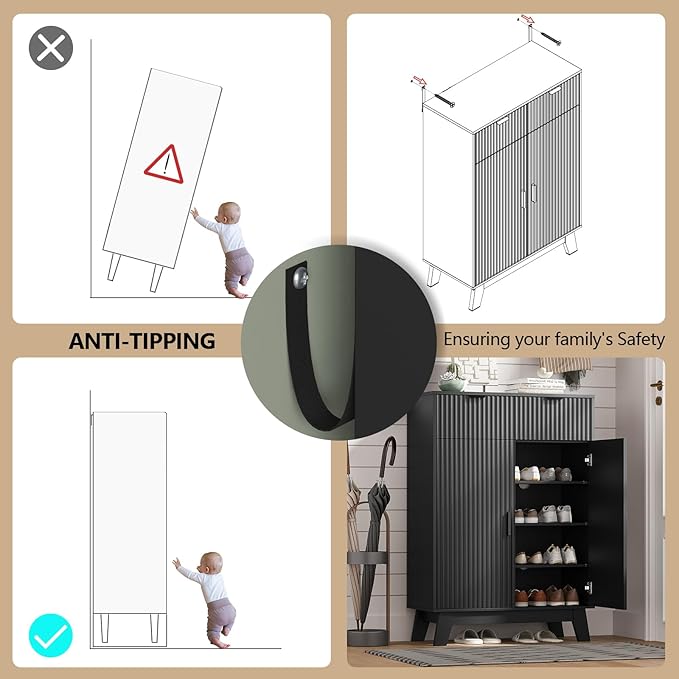 Shoe Cabinet Storage for Entryway, 4 Tier Fluted Shoe Storage Cabinet