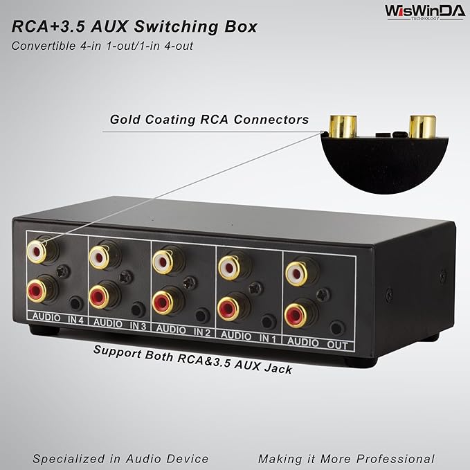 4-in 1-Out RCA 3.5mm AuxAudio Switch Box Audio Converter 4 Channels 1-in 4-Out