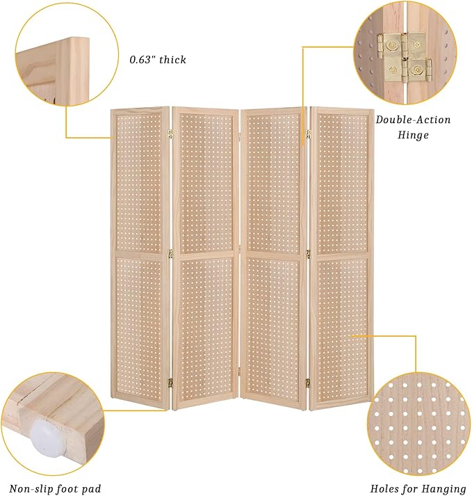 Bonnlo 4 Panel Pegboard Freestanding, 5 FT Portable Display Board Organizer