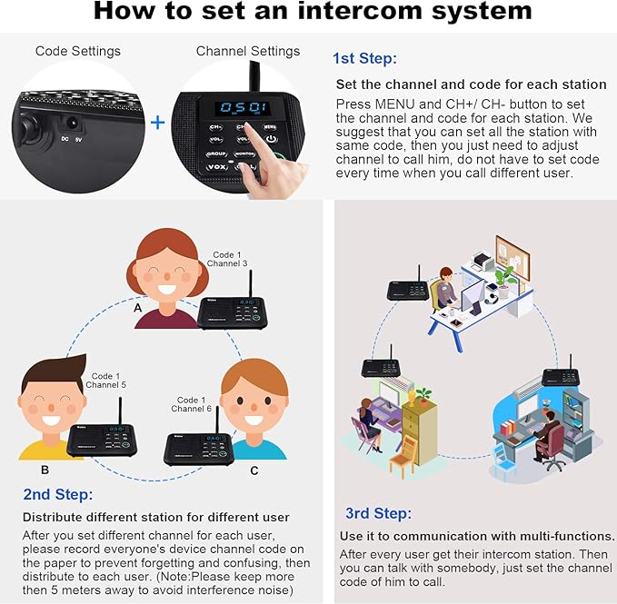 Wuloo Intercoms Wireless for Home 1 Mile Range 22 Channel 100 Digital Code (6 Packs)
