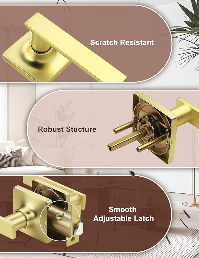 Mengico 2 Pack Passage Door Levers Gold Finish, No-Locking Keyless Square Door