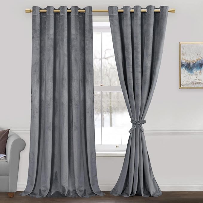 JIUZHEN Grey 60 x 96 inches Velvet Blackout Curtains