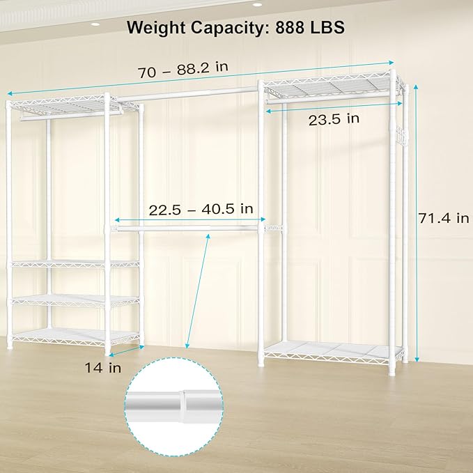 Ulif E1 Heavy Duty Closet Garment Rack, 6 Tiers Adjustable Metal Freestanding
