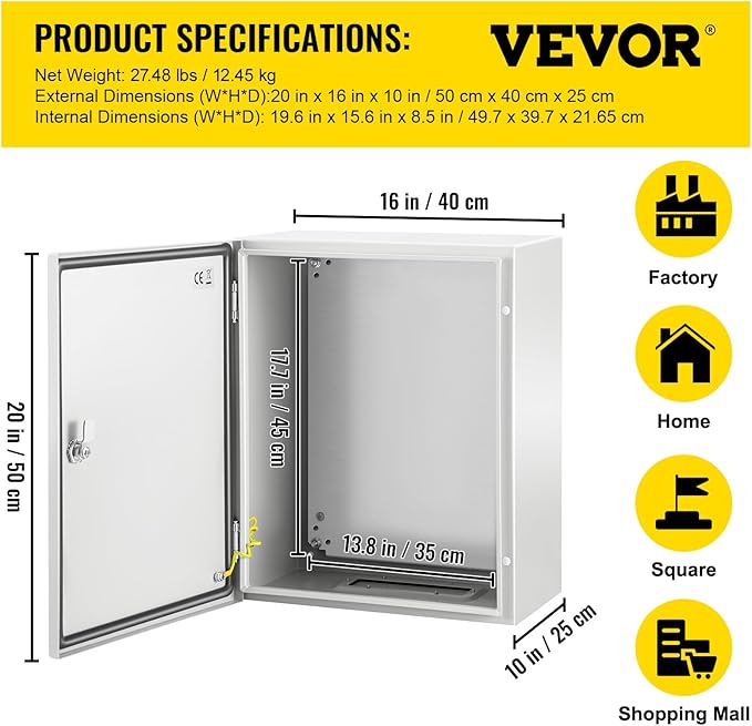 VEVOR NEMA Steel Enclosure, IP66 Waterproof & Dustproof, Outdoor/Indoor