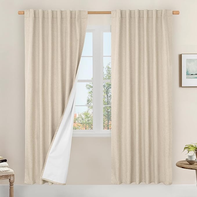 LAMIT 100% Blackout Natural Linen Curtains, 80 Inches Linen Textured Thermal
