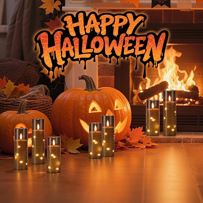Raycare Flameless Candle with Remote Timer – 9 Flickering Acrylic Battery Operated LED Pillar Candles with Embedded Star String for Halloween, Fall Decor, Harvest Festival Gifts(Grey) (9 Pcs)