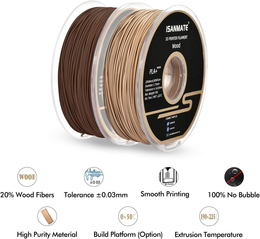 iSANMATE 3D Printer Filament, PLA Filament 1.75mm Bundle, White and Sandal Wood Filament Bundle 2kg/Spool (20% Wood Powder+80% PLA)