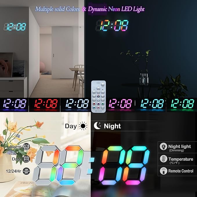 KOSUMOSU LED Wall Clock 15" RGB Digital LED Clock