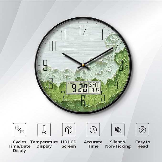 SCOAGE Modern Wall Clock with Temperature Green Forest Large Display