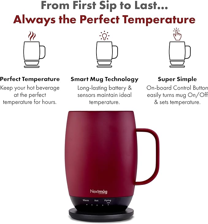 Nextmug Plus Temperature-Controlled, Self-Heating Mug – No App, Long-Lasting