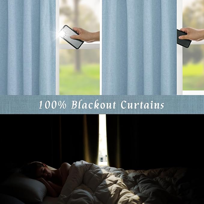 LAMIT Stone Blue 100% Blackout Linen Curtains, 63 Inches Linen Textured Thermal