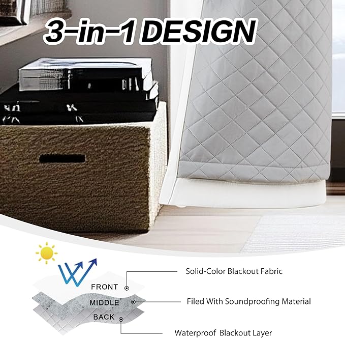 Soundproof 3-in-1 100% Blackout Room Divider Energy Saving Grommet Curtains