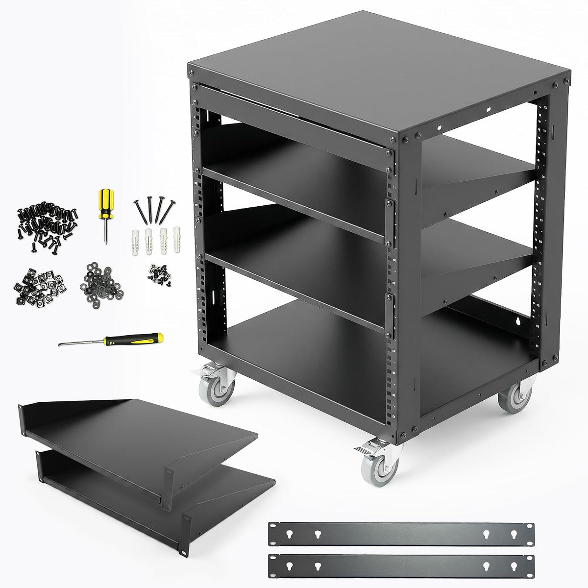 AxcessAbles 12U Open Frame Network Rack with Locking Caster Wheels - 440lb Capacity, 18" Depth | 19-Inch Open Server Rack, Two 2U Shelves, 10-32 Screws & Cage Nut Rails, Cage Nut Tool & Wall Kit
