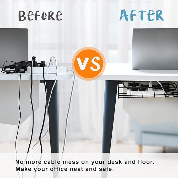 Under Desk Cable Management- 6 Pack Cord Organizer. Metal Wire Cable Management