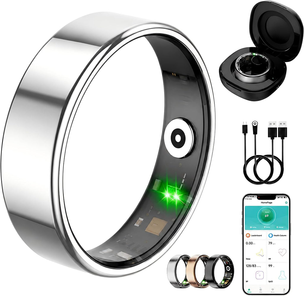 Smart Ring for Women Men, Fitness Tracker Ring with Free App No Subscription Fee, 7 Days Battery Life, Sleep Monitor, Heart Rate & Step Tracker, IP68 Waterproof, Android/iOS Compatible(Silver,8)
