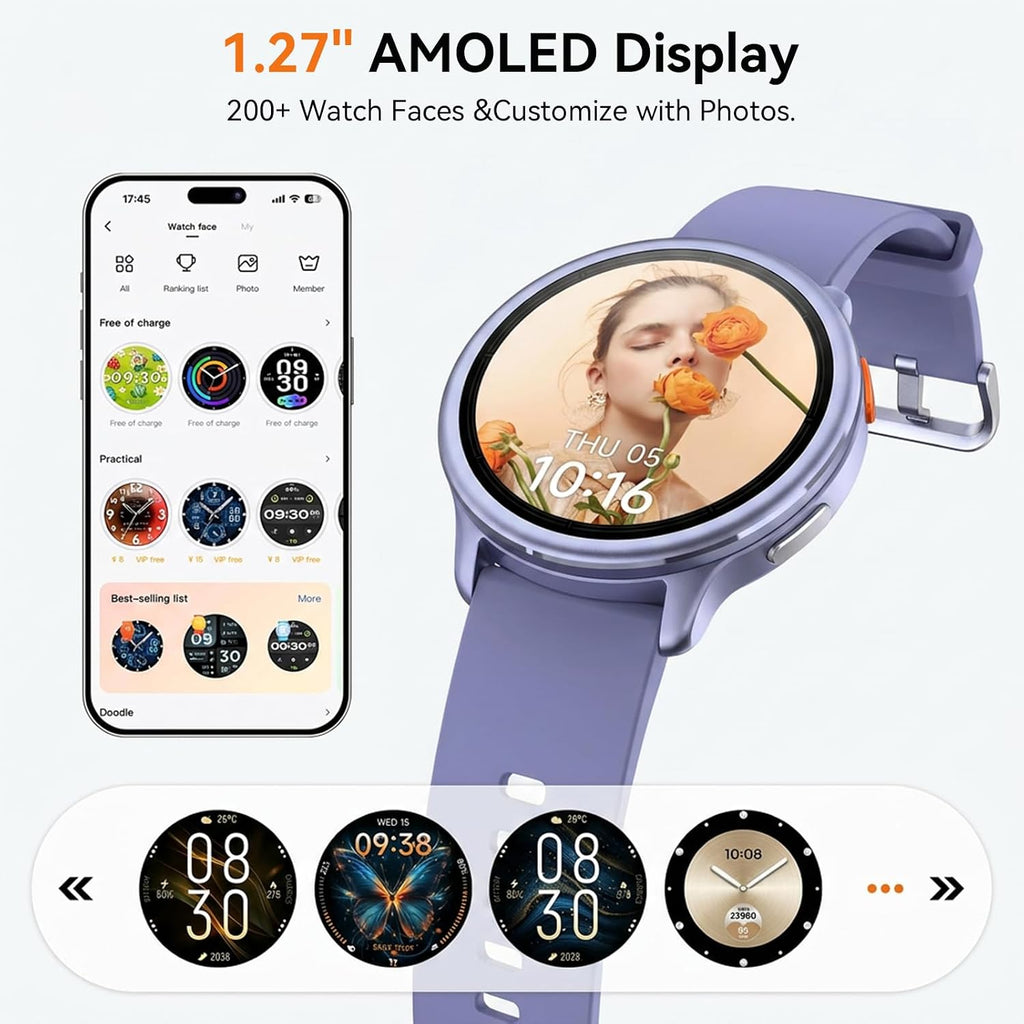 aeac smart watch for women, 1.27" hd smartwatch, front angle view