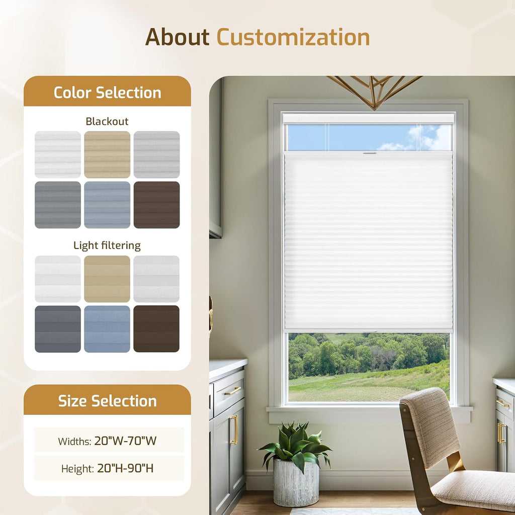 Grandekor No Drill Top Down Bottom Up Cellular Shades Blackout,27Wx64H | 1.5" Large Cell Honeycomb Design with Thermal Insulation, Cordless Operation, Privacy Control & No-Drill Rental Friendly