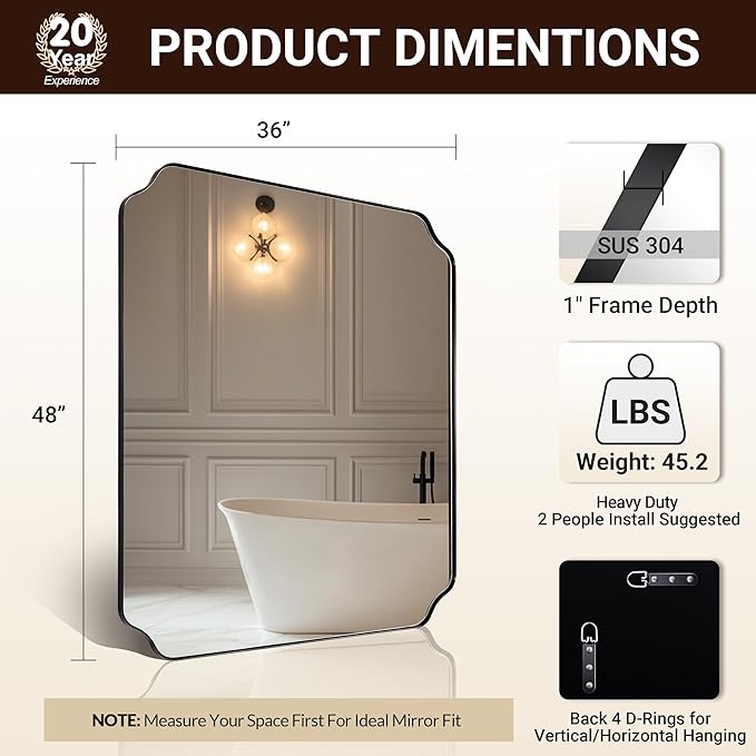 ANDY STAR 36x48 Inch Large Mirror, Matte Black Rectangle Mirror