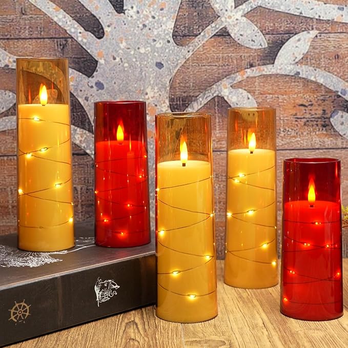 Flameless Candles with Embedded Star String, Battery Operated LED Pillar (Set of 7)