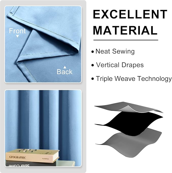 DWCN Light Blue Curtains 63 Inch Length, Room Darkening Drapes