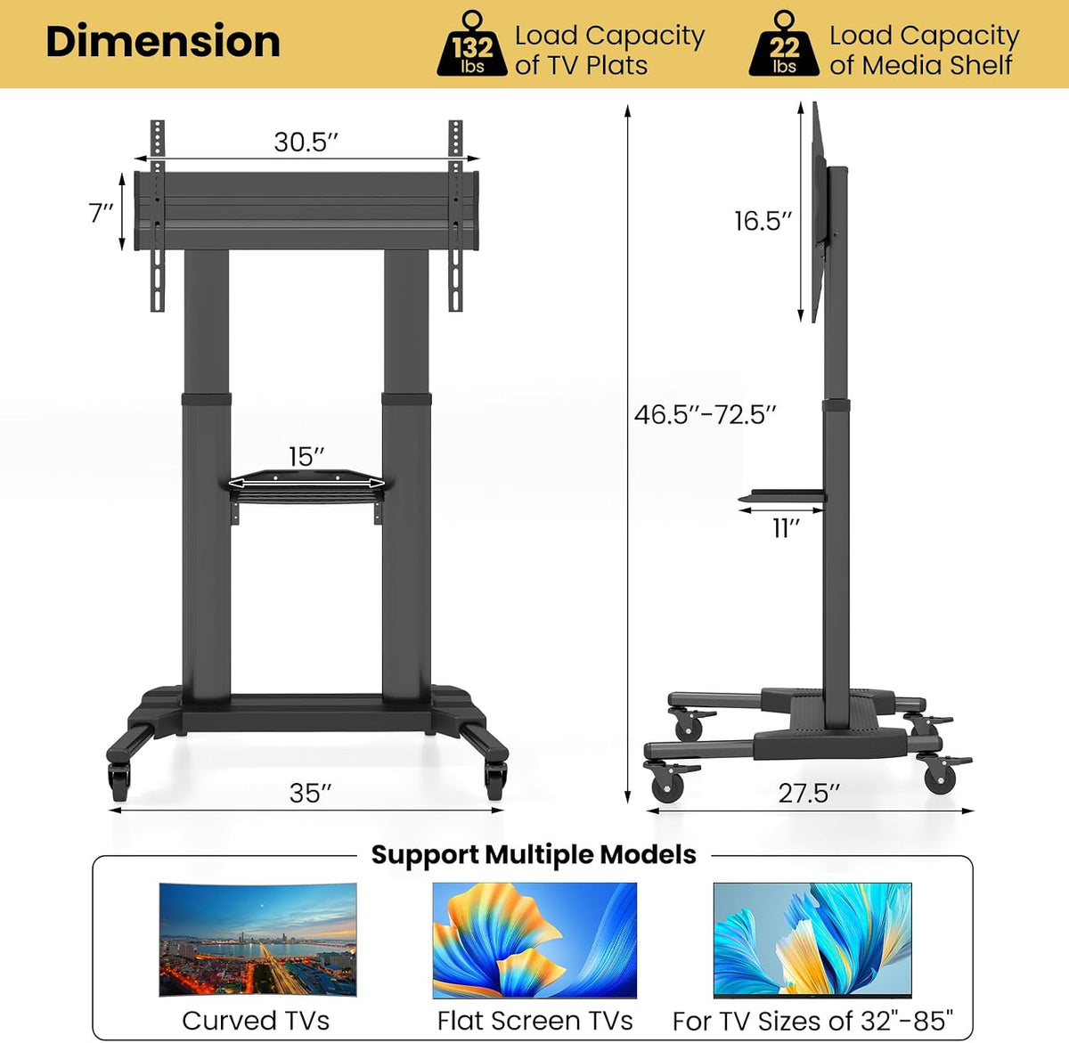 Goplus Rolling TV Stand for 32"-85" Flat Curved LED/LCD/OLED TVs up to 132 LBS, Height Adjustable TV Cart w/Locking Wheels, Shelf Cable Management Holes, Mobile Floor TV Trolley Max VESA 400 x 700 mm