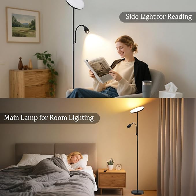 LED Torchiere Floor Lamp with Gooseneck Reading Light, Remote Control Standing