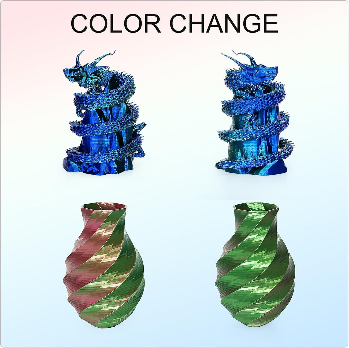 Kretrum Silk Dual Color 3D Printer Filament Bundle, 1.75 mm Color Changing PLA Bundle, 4 Spools 250g Each (Rose & Blue, Red & Gold, Violet & Green, Blue & Green)