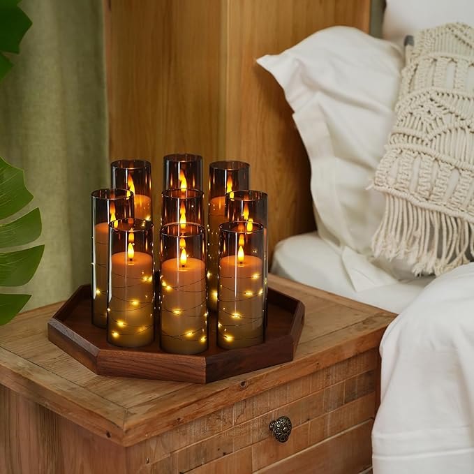 Raycare Flameless Candle with Remote Timer – 9 Flickering Acrylic Battery Operated LED Pillar Candles with Embedded Star String for Halloween, Fall Decor, Harvest Festival Gifts(Grey) (9 Pcs)
