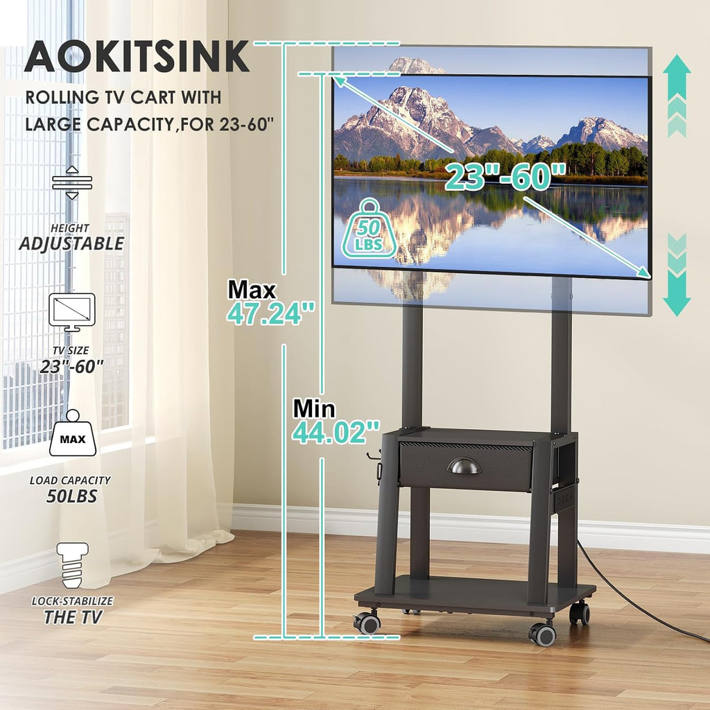 rolling tv stand with power outlet,tilt tv cart showing dimensions