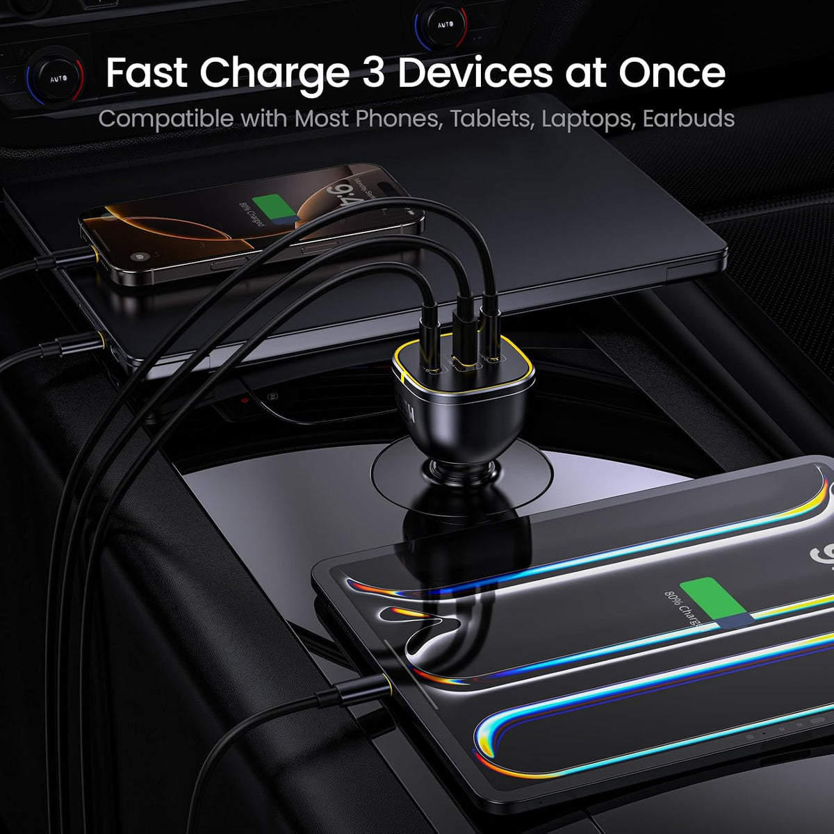 aohi 165w laptop car charger adapter 140w pd showing dimensions
