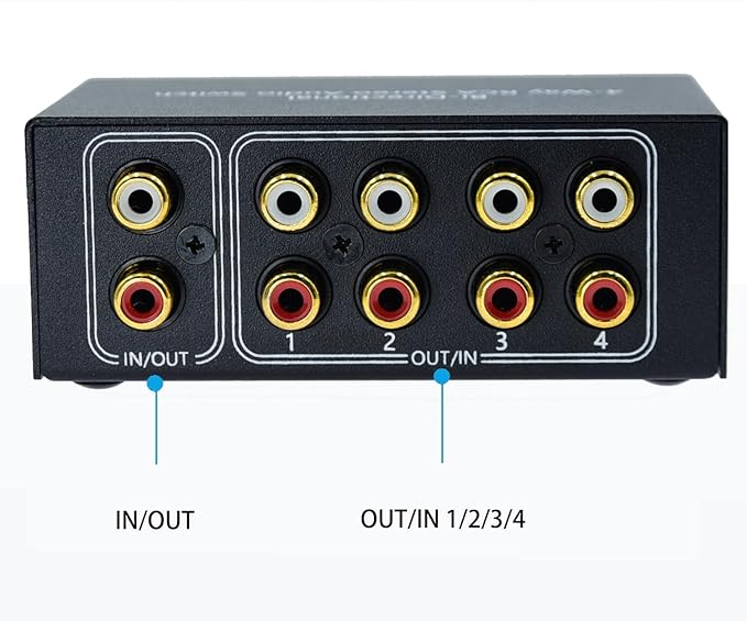 No Noise 4 Way 1 in 4 Out or 4 in 1 Out Audio Sound selector RCA Female Stereo