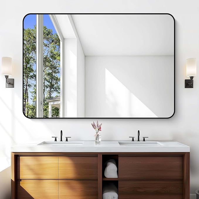 Large Bathroom Mirror, 60 x 40 inch Black Rectangle Mirror, Metal Framed