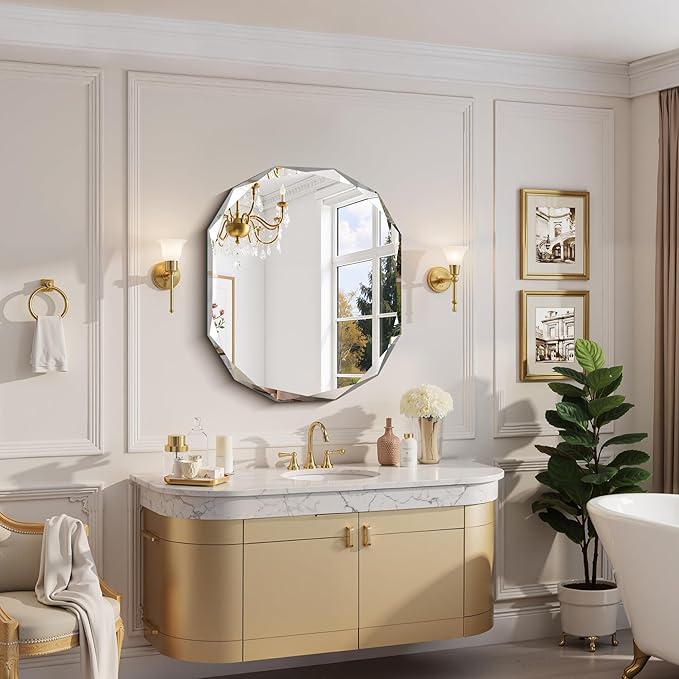 GLASHOM Frameless Bathroom Mirror, 30x36 inch Vanity Mirror Beveled Edge Wall