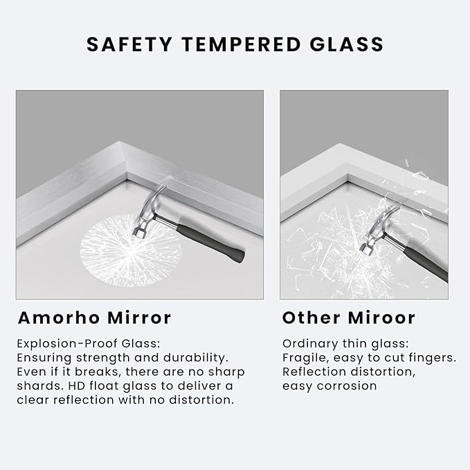 Amorho Bathroom Mirror, 44x36 Inch Silver Thick Metal Framed Wall Mirrors
