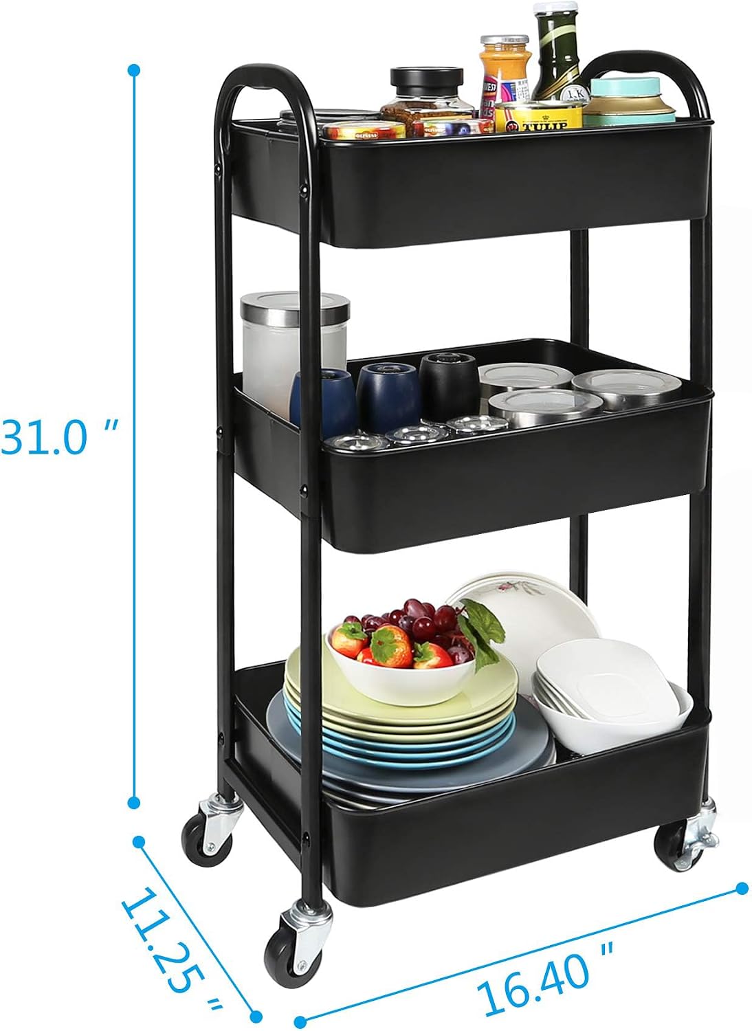 3-Tier Rolling Utility Cart with Caster Wheels Easy Assembly, Black