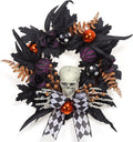 Halloween Wreath for Front Door Halloween Skeleton Decorations, 20 Inch Pumpkin Wreath with Skull Black Roses Maple Leaves for Window Indoor Outside Home Party Decor