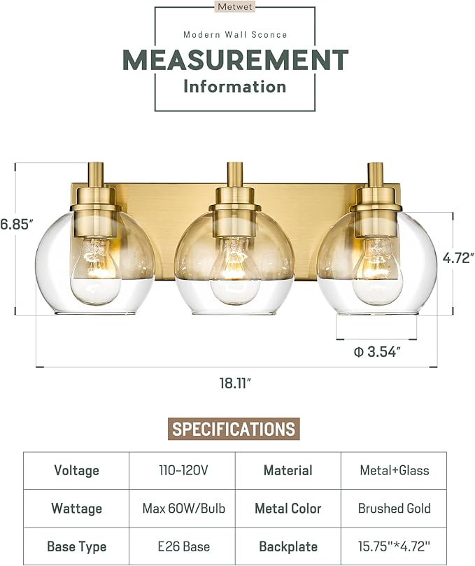METWET Bathroom Light Fixtures, 3-Light Brushed Gold Vanity Light, Modern Wall