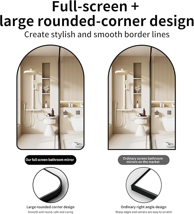 24x36 Inch Premium Black Arched Tempered Glass Mirror Shatter Resistant No