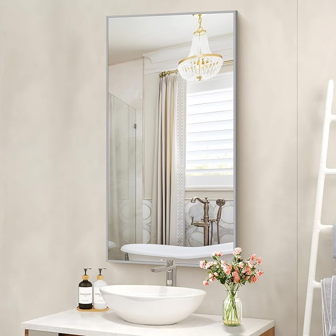 48x24In Silver Bathroom Mirror for Wall, Brushed Nickel Rectangle Mirrors