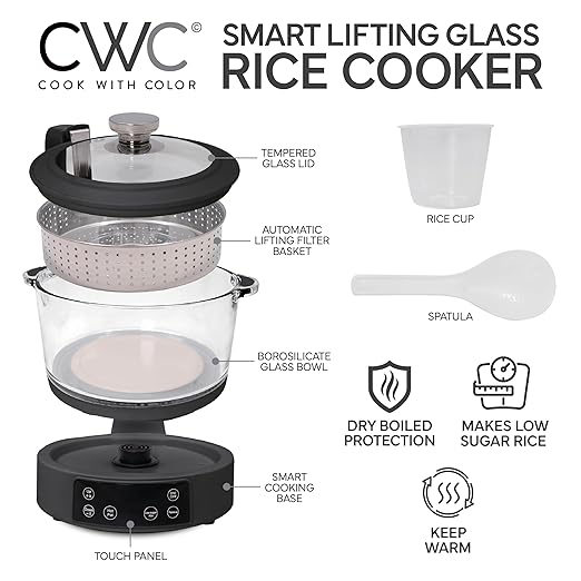 COOK WITH COLOR 3L Glass Mini Low Carb Rice Cooker – Holds 2 Cups Raw/Makes 6