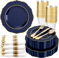 Liacere 350PCS Navy Blue Plastic Plates-Disposable Blue Gold Plates 50guest Plastic Dinnerware include 100Plates,50Pack Pre Rolled Napkins with Silverware 50Cups for Wedding＆Halloween