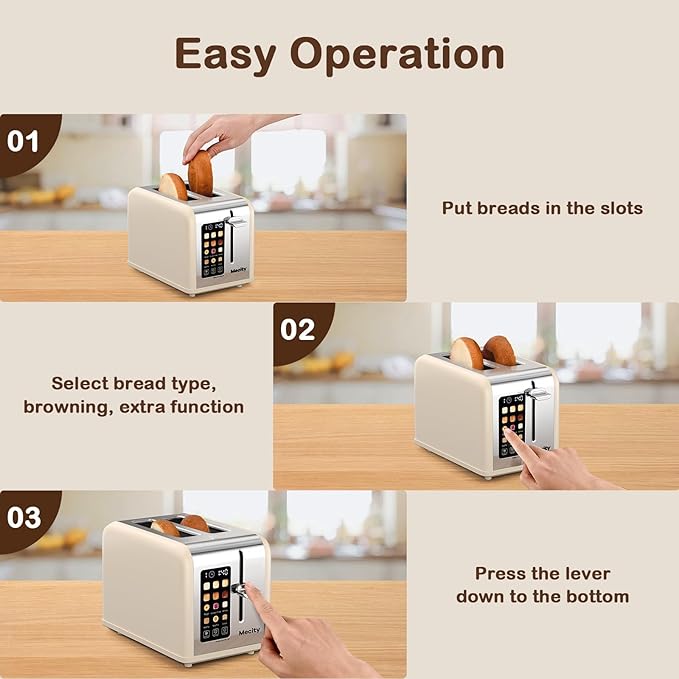 Mecity 2 Slice Touch Screen Toaster, 1.5" Wide Slot, Stainless Steel Smart